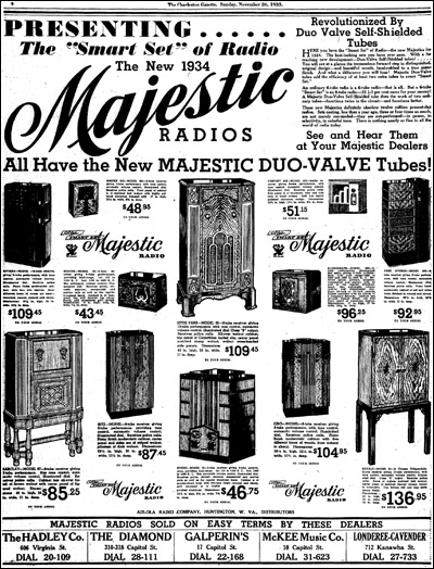 An advertisement (partial) for Majestic's 1934 'Smart Sets' line