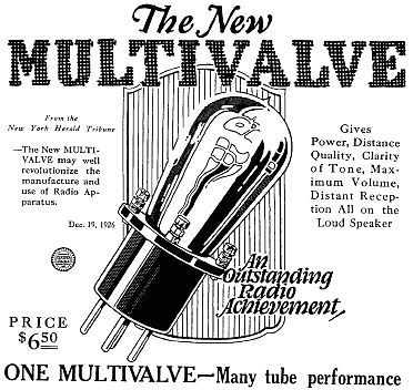 A 1927 advertisement for the Emerson Multivalve tube.